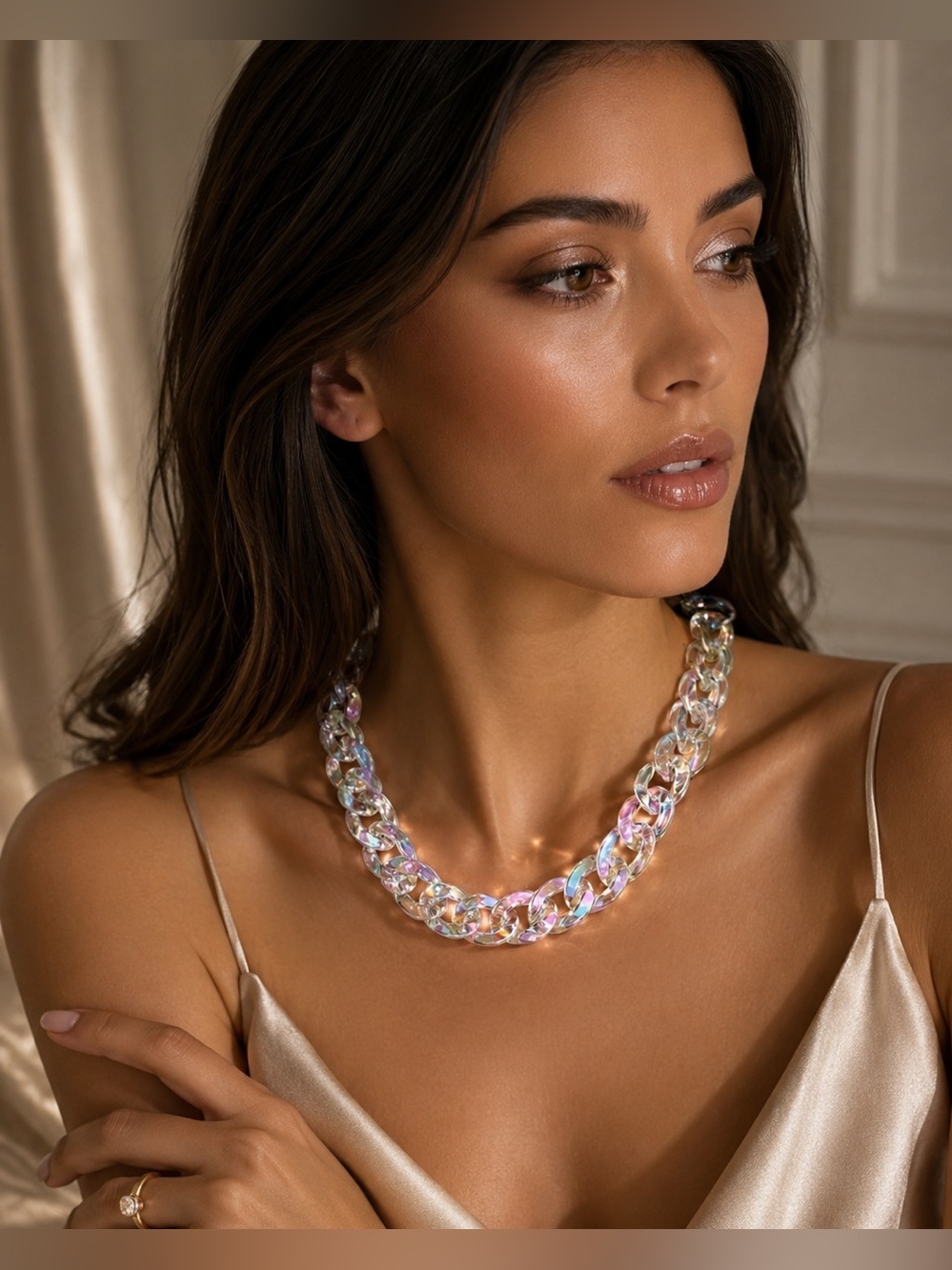 Iridescent Pink Chain Link Stated Necklace NWT Matching Bracelet Available